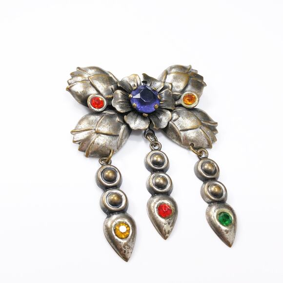 Floral Rhinestone Brooch, Three Dangles, 1940s Vintage Brooch - Picture 10 of 10